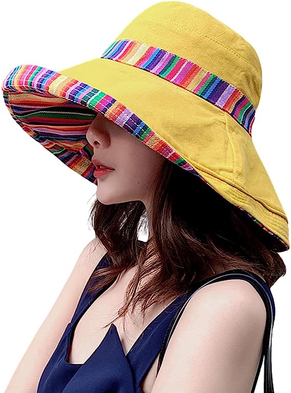 Women Cotton Wide Brim Sun Hats Metal Wired Edge Summer UV Protection UPF Boho Hat for Beach Hiking Garden Travel Chin Strap