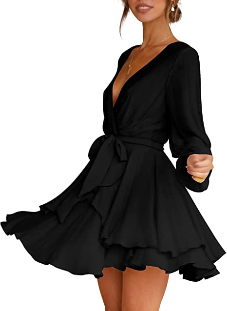 Women's Dress Deep V-Neck Long Sleeve Waist Tie Ruffle Mini Swing Skater Dresses