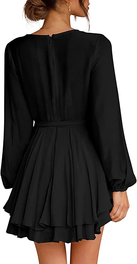 Women's Dress Deep V-Neck Long Sleeve Waist Tie Ruffle Mini Swing Skater Dresses